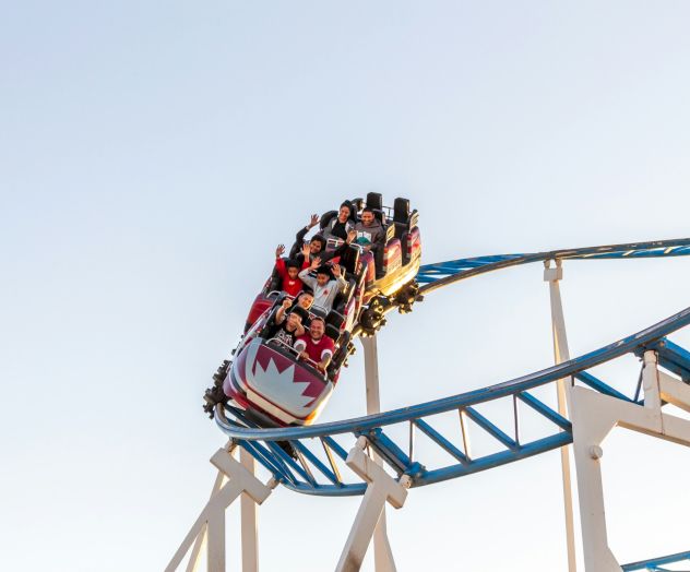 A person riding a roller coaster car on a blue track, mid-ride against a clear sky, with metal support beams visible, and a hint of speed.